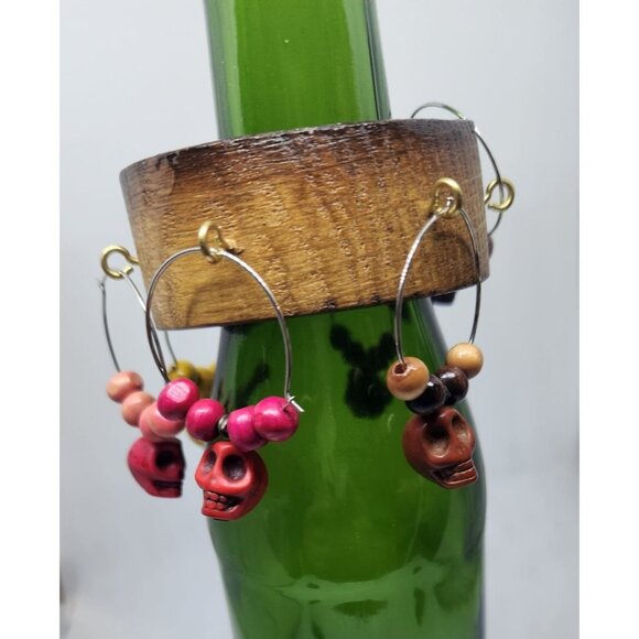 Skull Colorful Wine Glass Charms Set - 6 Themed Unique Charms With Beads & Wood - Picture 8 of 13